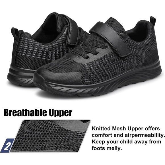 Kids All Black Lightweight Breathable Athletic Running Tennis Fitness Sneakers - Picture 4 of 6